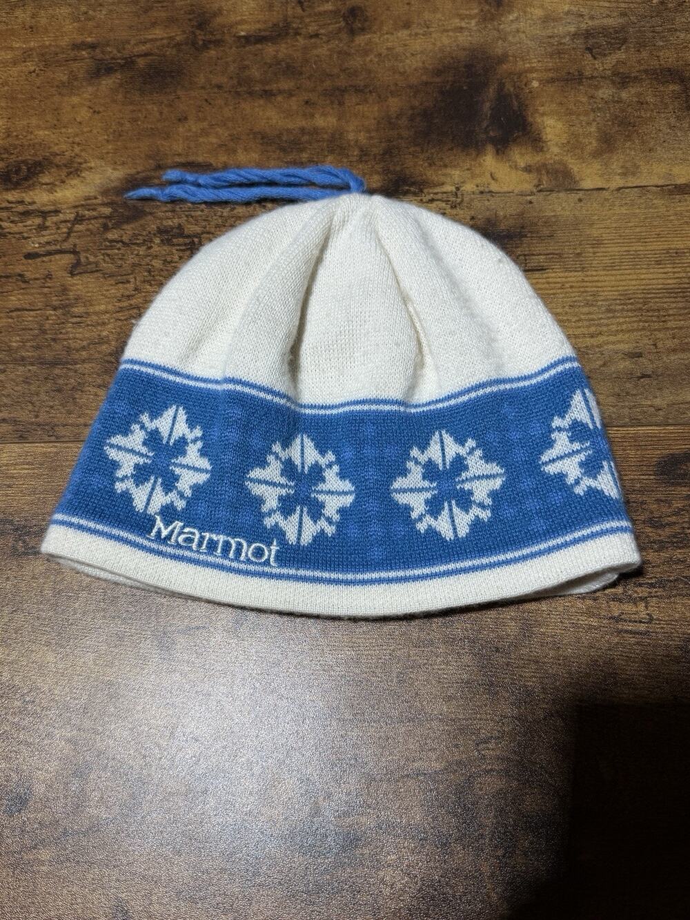 Marmot Beanie Winter Hat White Blue Snowflake Tassel Wool One Size Ski Outdoor